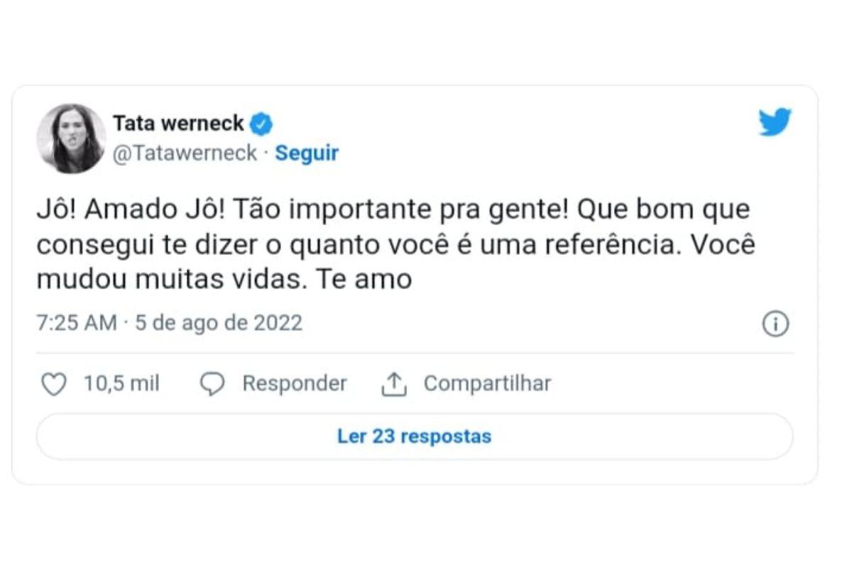 A apresentadora e humorista Tata Werneck elogiou a tragetória de Jô Soares (Foto: Reprodução/Twitter)