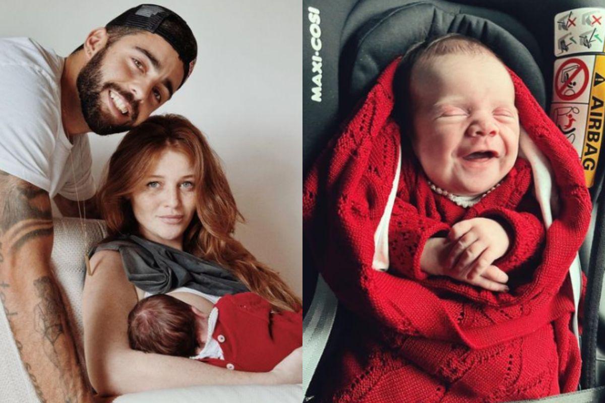 Montagem de Pedro Scooby e Cintia Dicker com a filha e uma foto de bebê