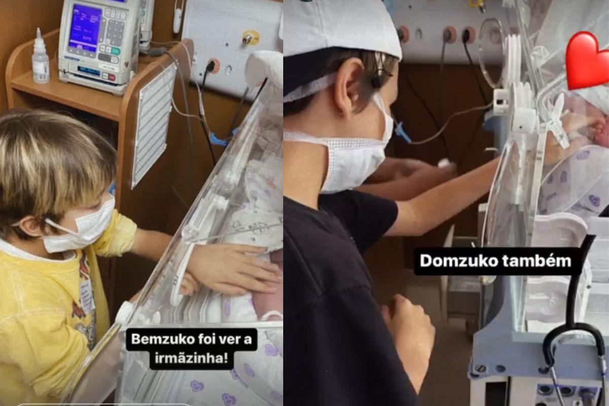 Filhos de Pedro Scooby conhecem irmã mais nova