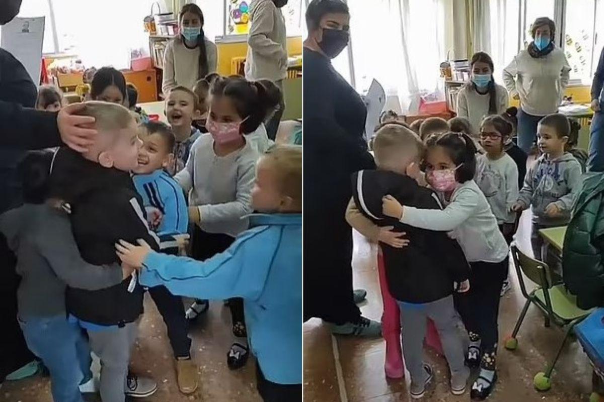 Os colegas de classe receberam o menino ucraniano muito bem no primeiro dia de aula