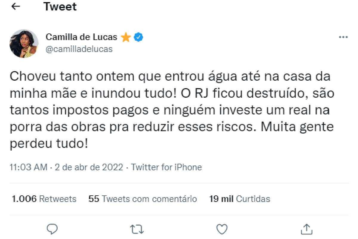No Twitter, Camilla de Lucas falou sobre as chuvas que atingiram o Rio de Janeiro