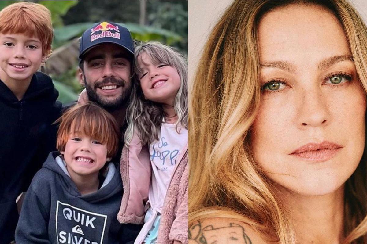 Pedro Scooby e filhos na esquerda e Luana Piovani na direita