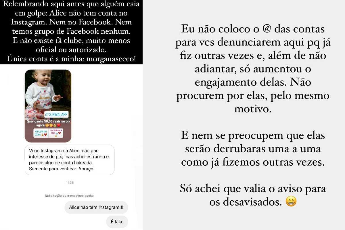 Morgana Secco voltou a dizer que a filha, Alice, não tem conta em redes sociais