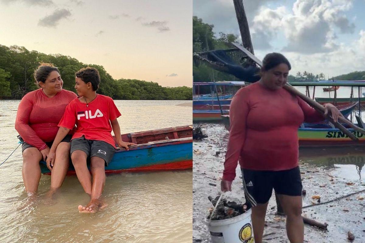 Aurizelia com o filho de 13 anos que ajuda ela com a pesca