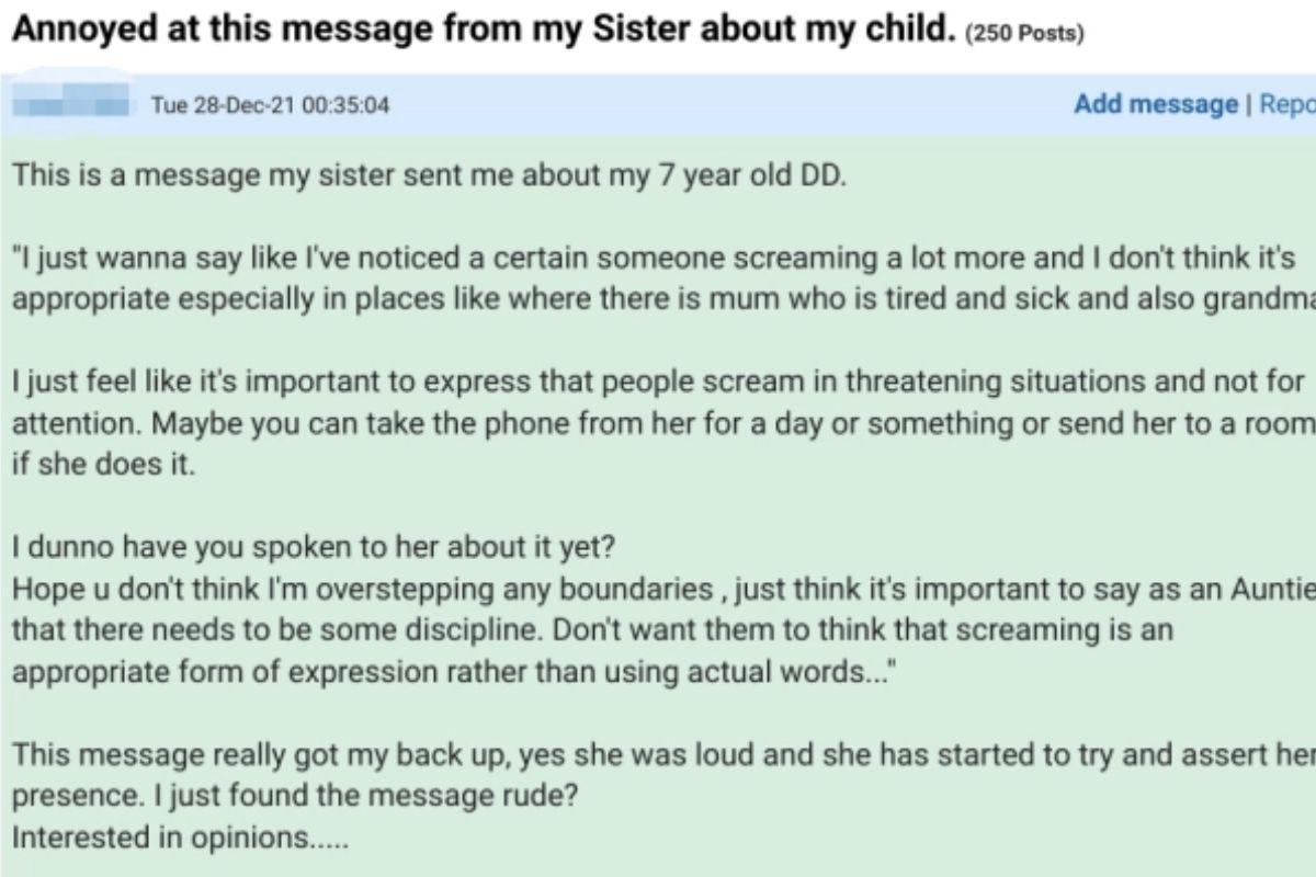 Os pais do Mumsnet concordaram com a opinião da irmã