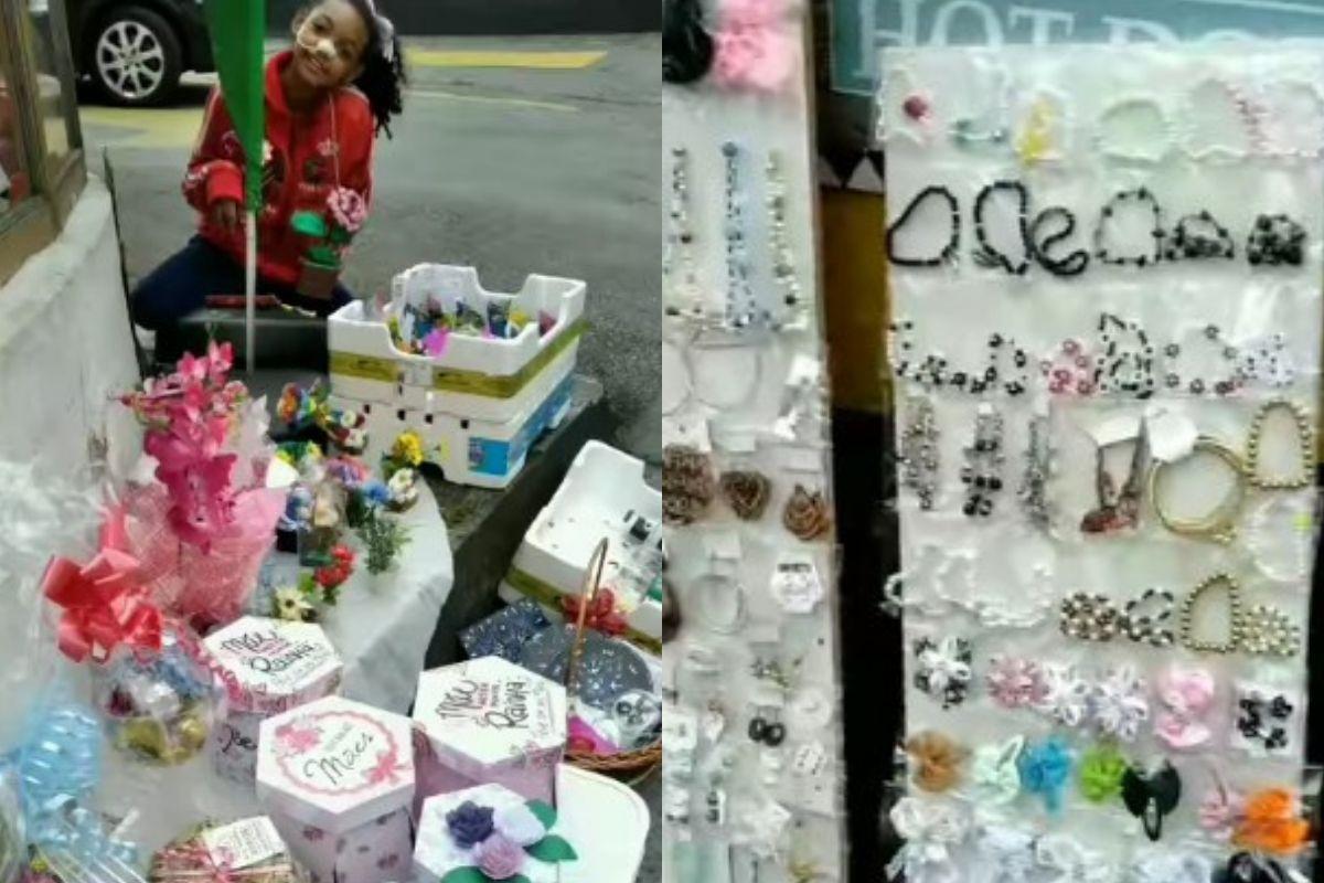A menina de 12 anos montou a barraca de artesanatos para ajudar a mãe