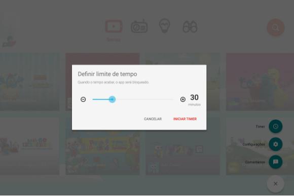 O app permite que os pais delimitem o tempo de uso das crianças (Imagem: Reprodução/ YouTube Kids)