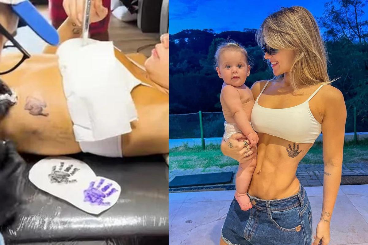 Virgínia fazendo a tatuagem á esquerda e Vírginia com Maria Flor no colo, mostrando a tatuagem à direita