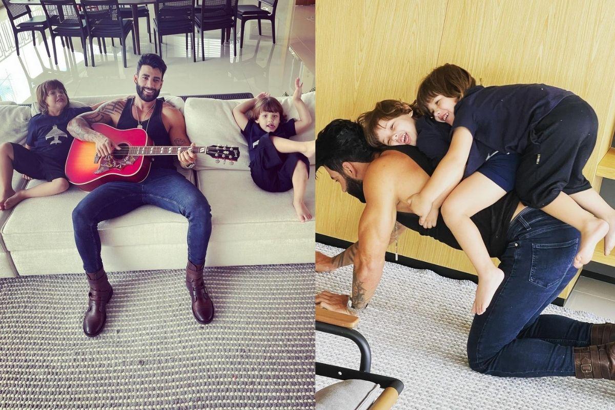 Gusttavo Lima aparece brincando com os filhos nas fotos