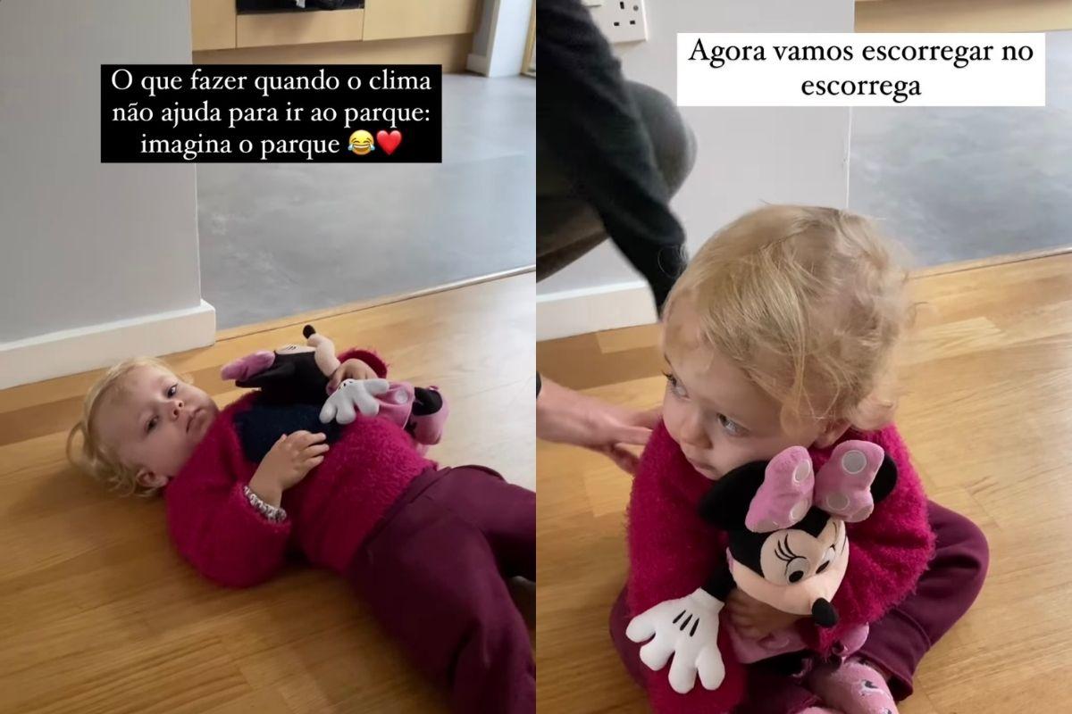 Alice simula brincadeira no parque em casa
