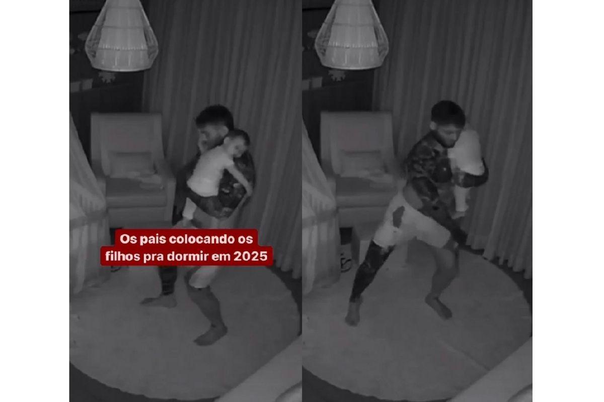 Lucas Lucco dançando TikTok enquanto faz o filho dormir