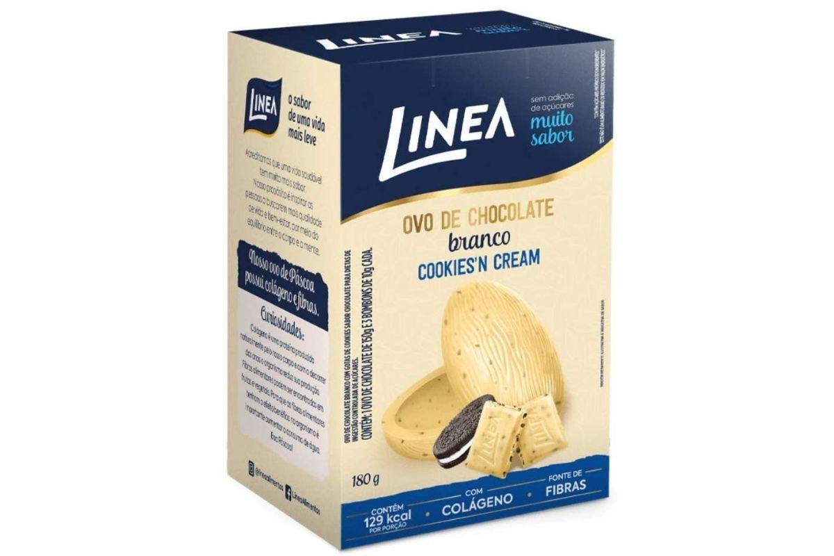 Ovo de páscoa sem açúcar de chocolate branco sabor cookies'n cream da Linea
