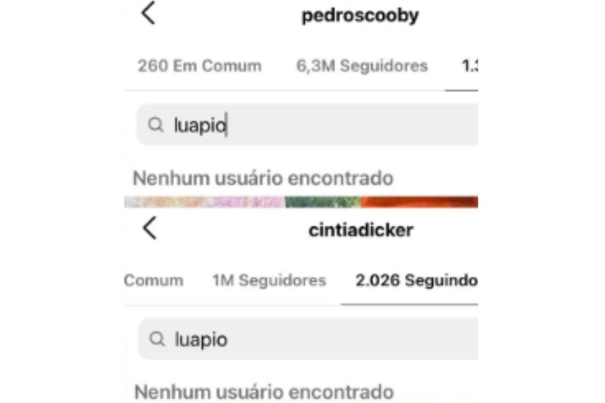Cintia Dicker e Pedro Scooby param de seguir Luana PiovaniCintia Dicker e Pedro Scooby param de seguir Luana Piovani