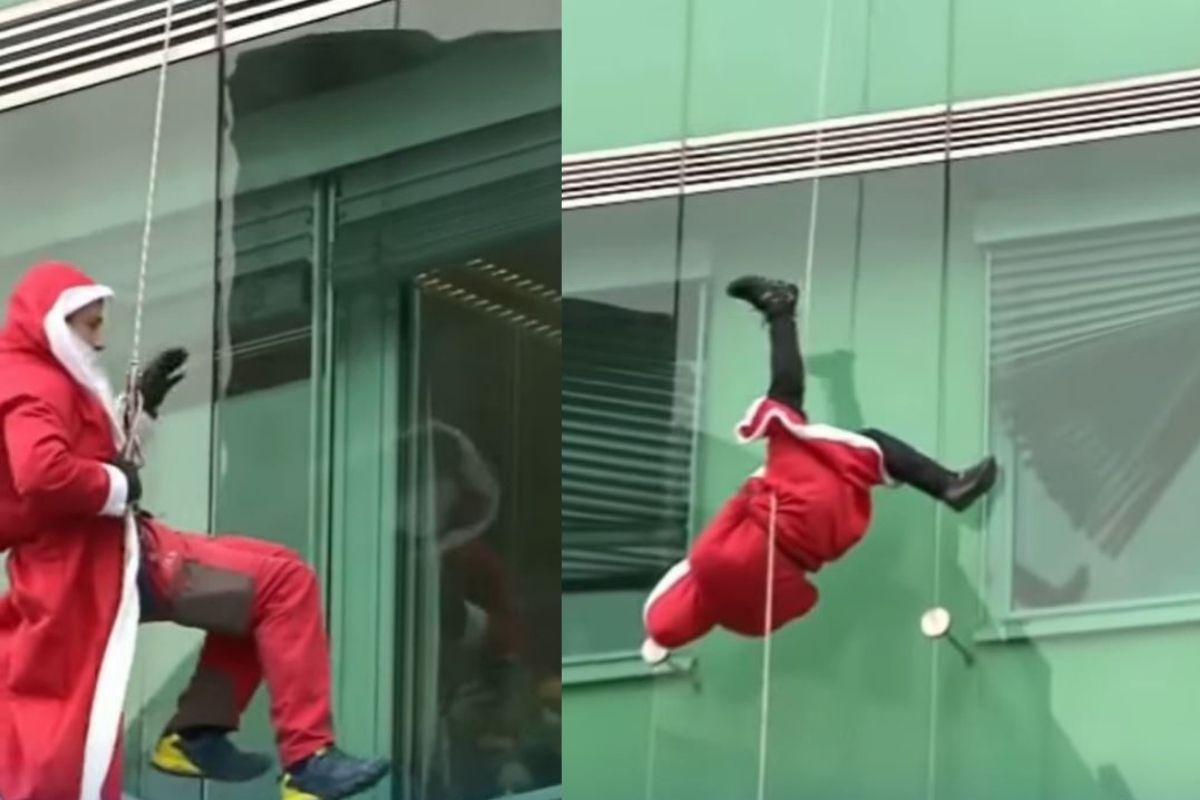 Papai Noel descendo de rapel em hospital
