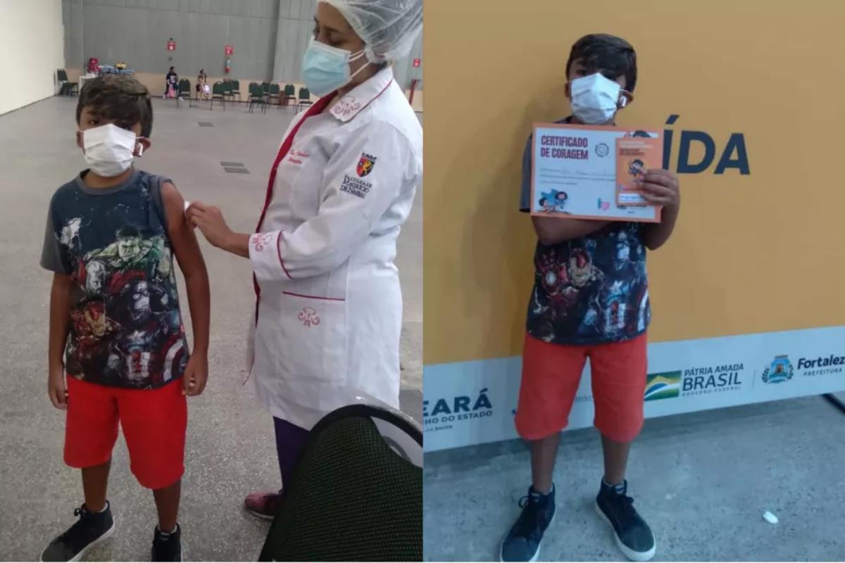Após arrasar na coreografia, o menino posou com o comprovante da vacina