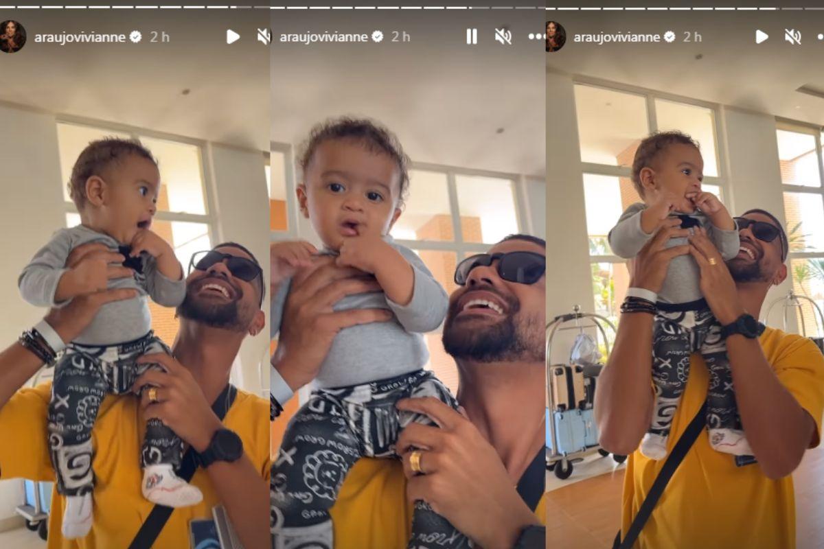 Guilherme, marido de Viviane brincando com o filho Joaquim