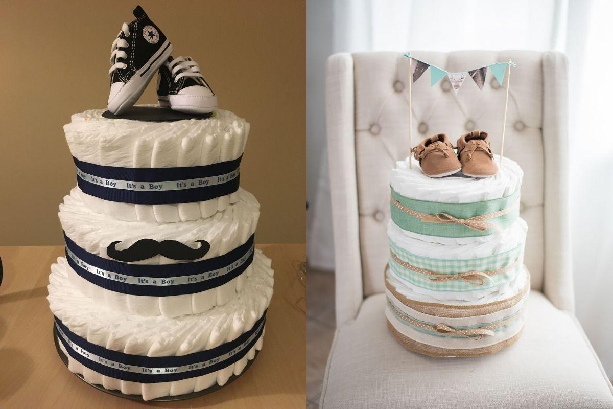 Sapato de criança é a coisa mais fofa que tem! Vale colocar no topo do bolo de fralda para dar uma graça