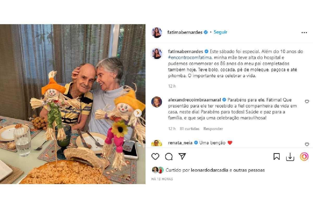 Fátima Bernardes juntou a família para comemorar o aniversário do pai e alta da mãe