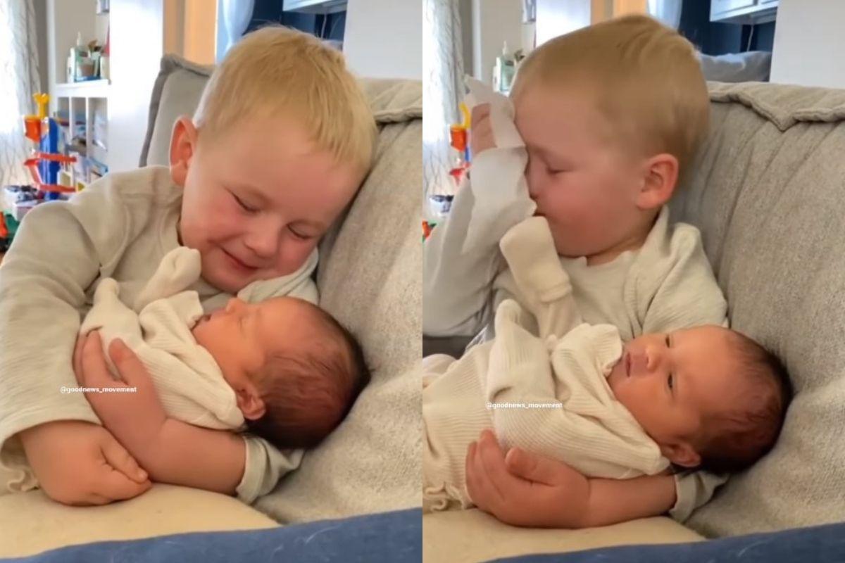 O menino se emocionou ao conhecer a irmã mais nova pela primeira vez