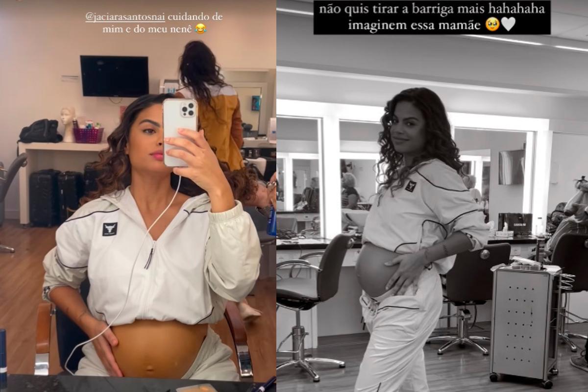 Clara Buarque com prótese de barriga de grávida