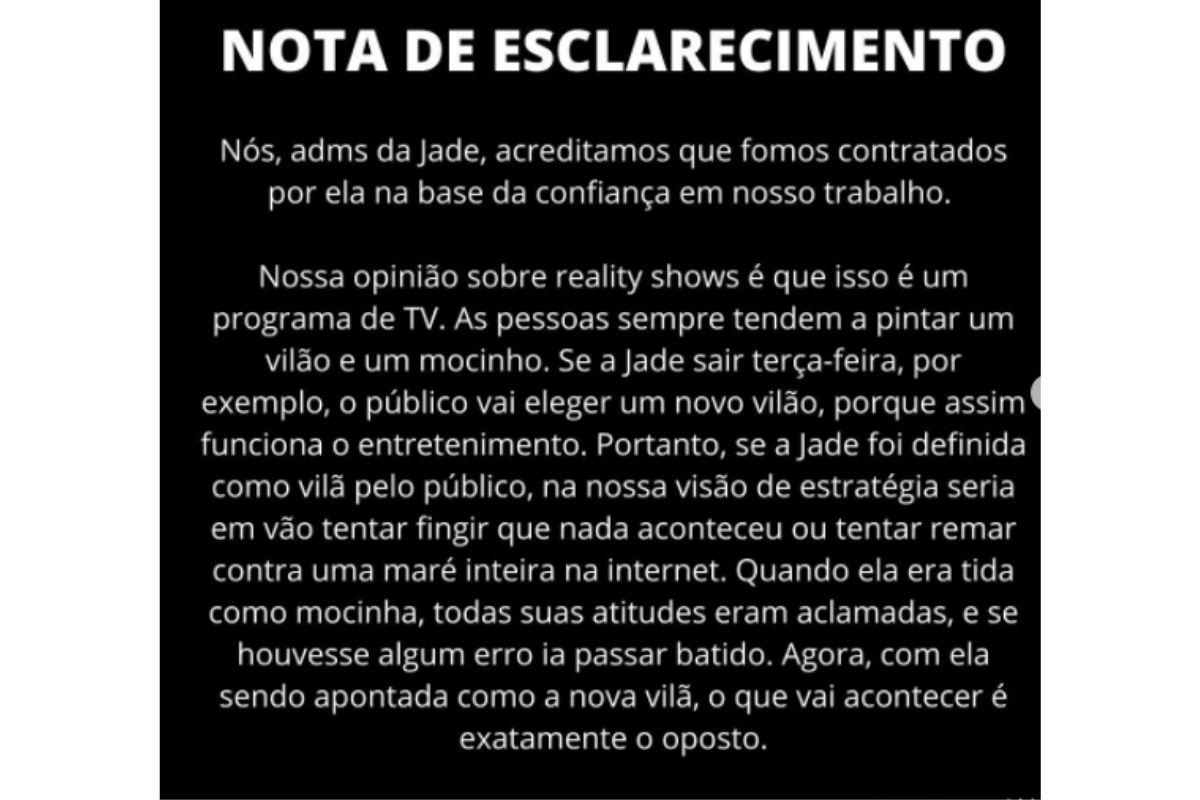 Perfil de Jade Picon publica nota de esclarecimento após polêmica com irmão da influenciadora
