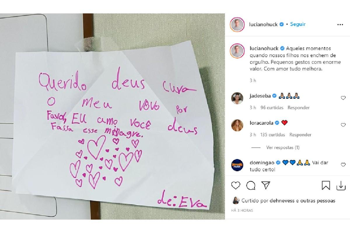 Luciano Huck compartilhou uma foto do bilhete de Eva para o pai da Angélica