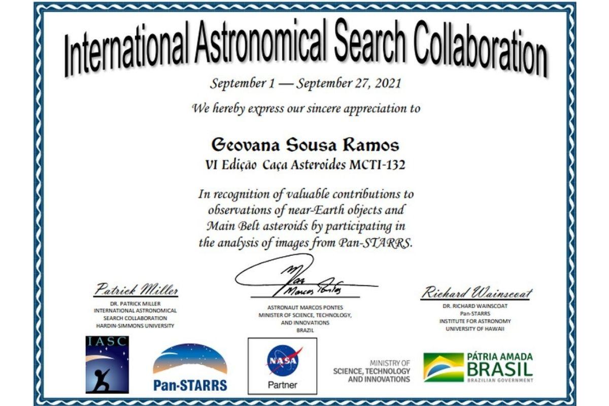 Certificado de reconhecimento da NASA pela descoberta de Geovana no 'Caça Asteroides'
