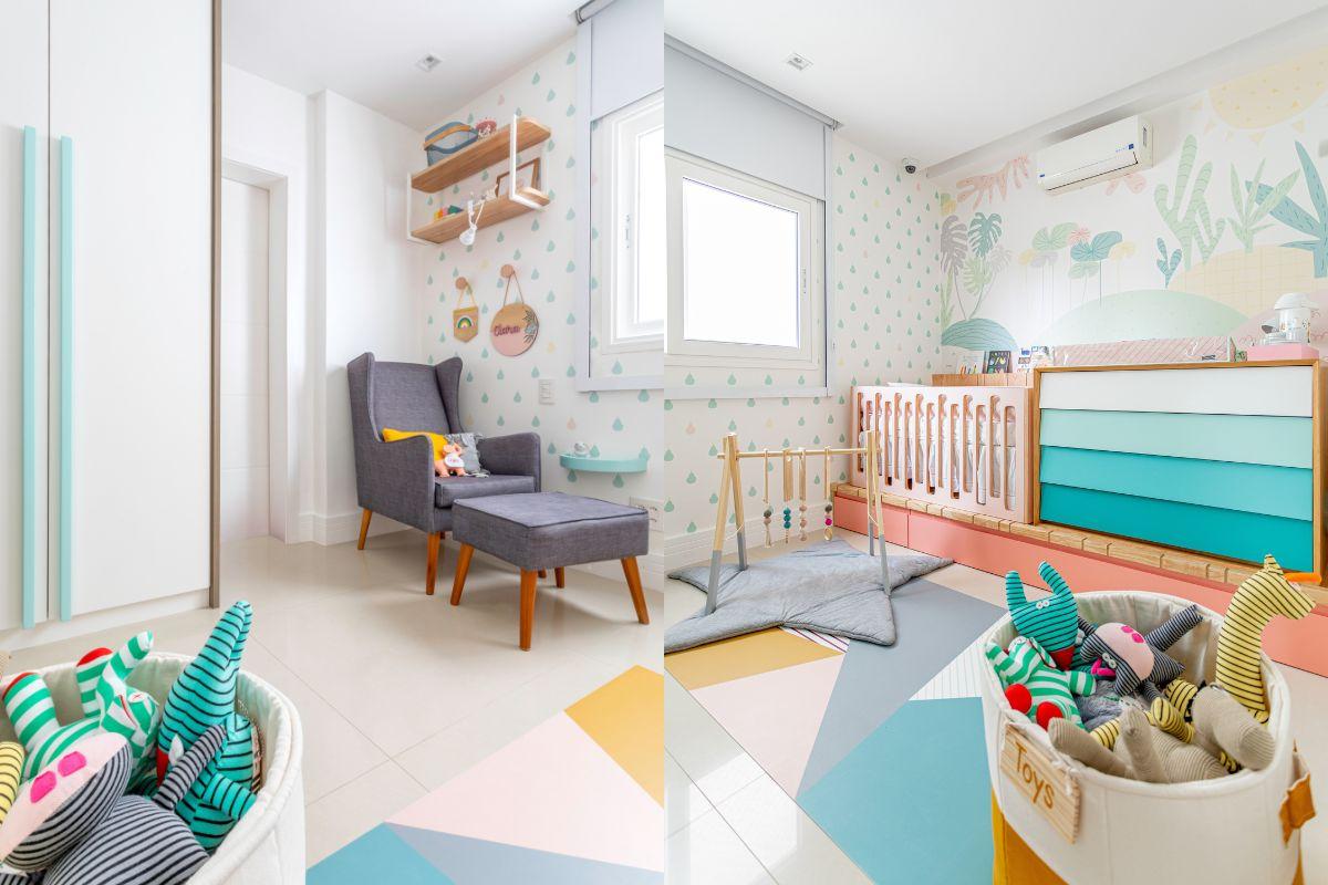 As cores suaves entraram no lugar de um tema específico para o quarto, dando uma carinha de atemporal para o ambiente