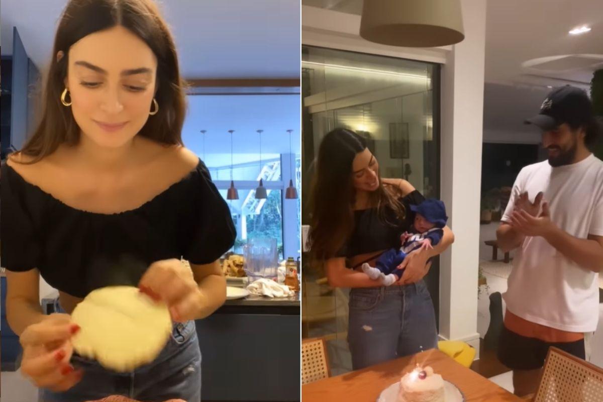 Thaila Ayala prepara bolo para comemorar mesversário do filho