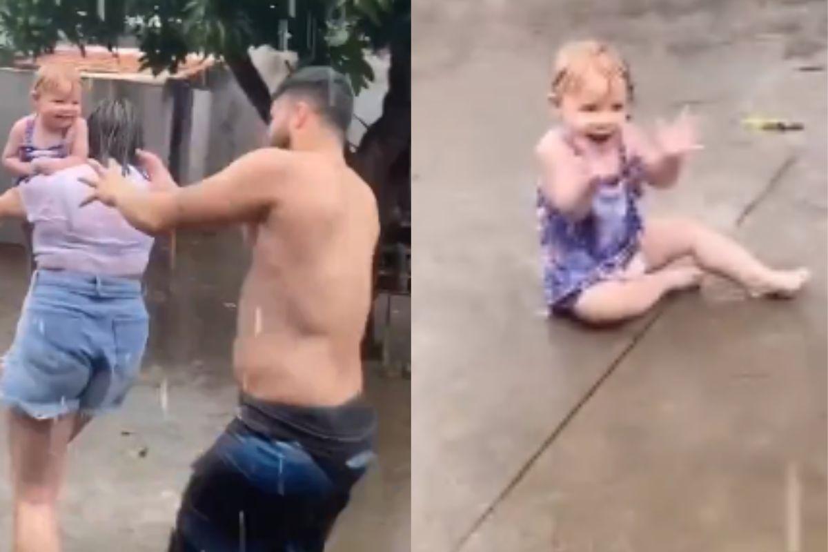 Pais deixam bebê brincar na chuva e dividem opiniões