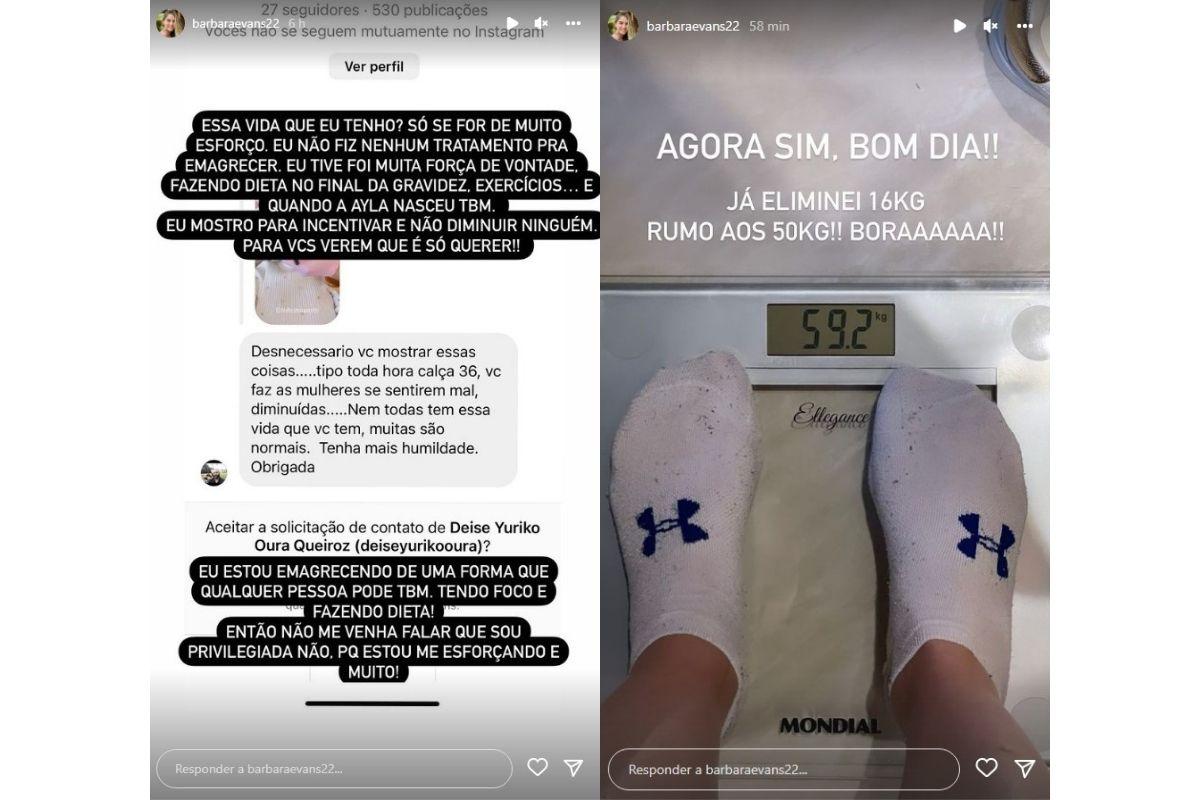 Bárbara Evans rebateu as críticas sobre mostrar a perda de peso no Instagram