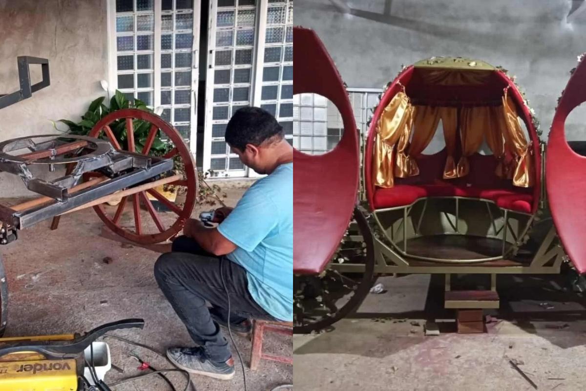 Rodrigo construindo a carruagem para a filha (Foto: Reprodução Arquivo Pessoal Rodrigo Barros)