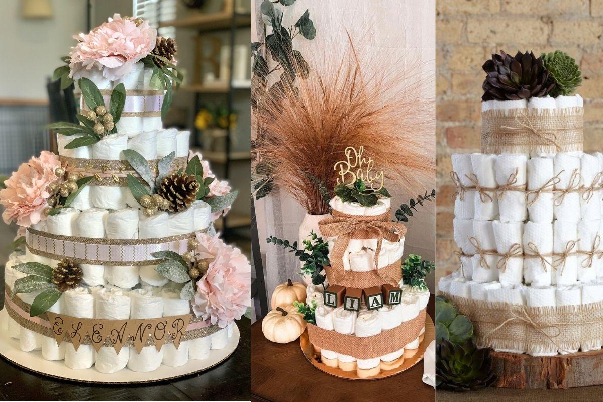 Os bolos de fralda podem ser neutros e enfeitados com folhas e flores secas