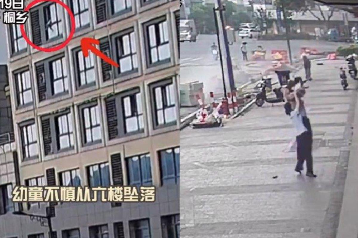 Na hora da queda da criança, uma mulher e um homem estavam passando pela rua e a socorreram