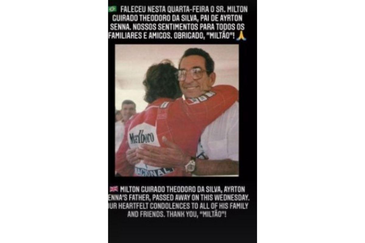 Milton da Silva, pai de Ayrton Senna, morreu por causa naturais