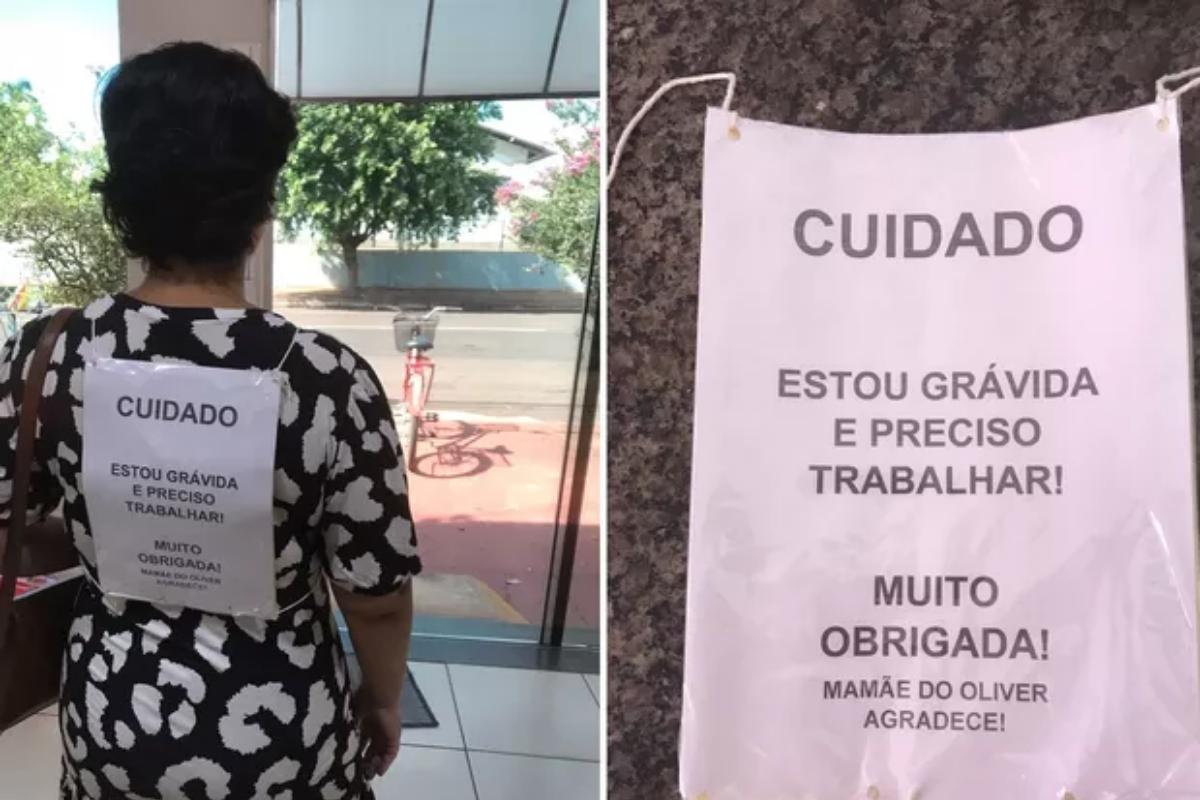 Luana colocou a placa nas costas para alertar os demais motoristas