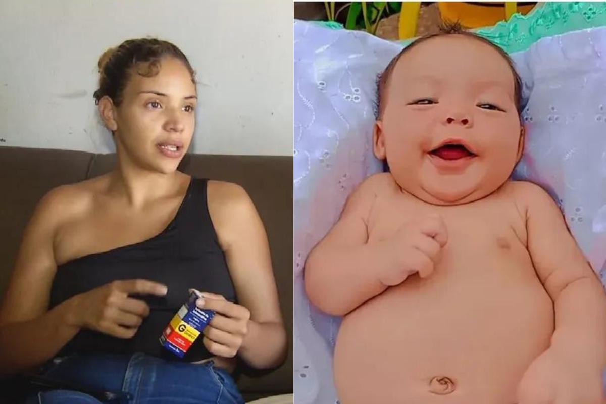 Mãe da criança na esquerda segurando um remédio e o bebê que morreu do lado direito