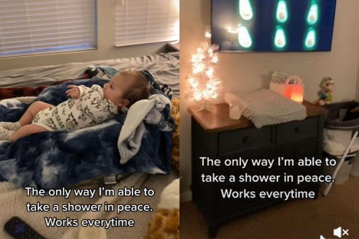 A mãe coloca o bebê no meio da cama e ele fica assistindo o desenho na televisão