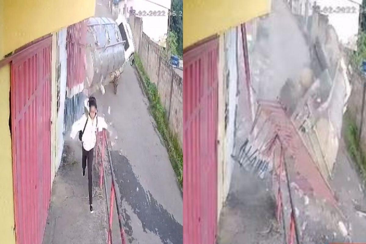 O caminhão quase atingiu a criança e deixou um rastro de destruição