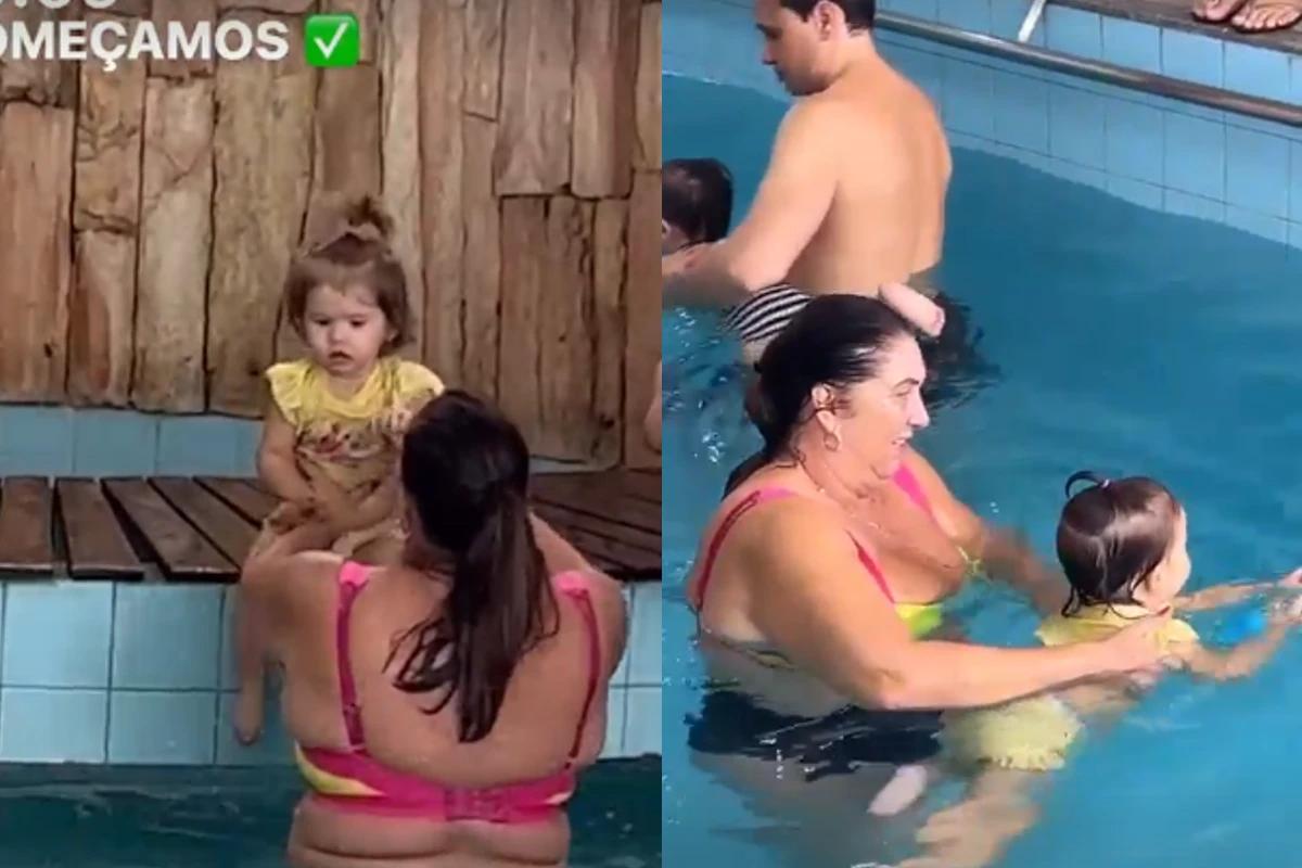 A avó de Maria Alice participou da aula de natação da neta