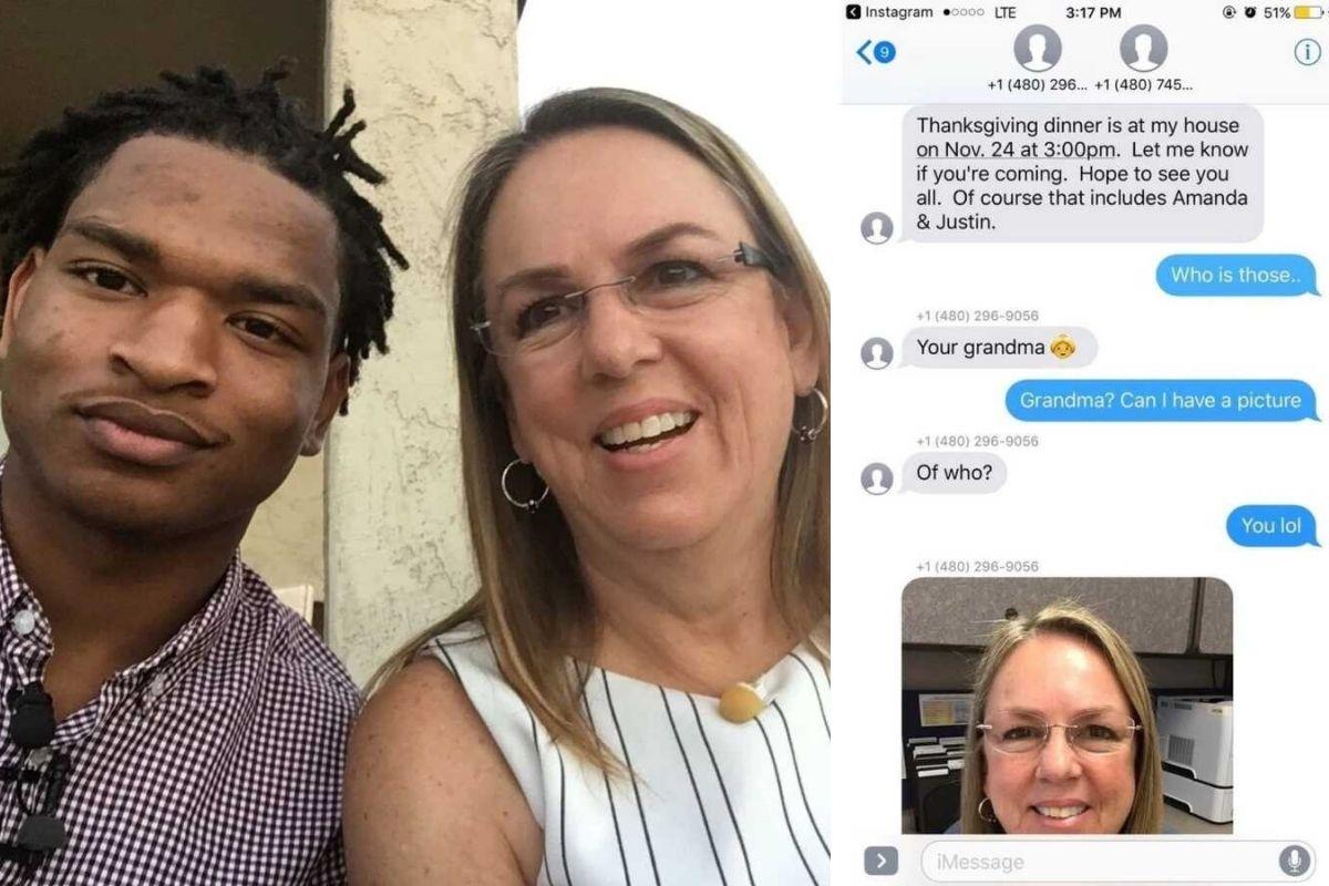 Wanda e Jamal juntos e ao lado o print da primeira conversa que tiveram