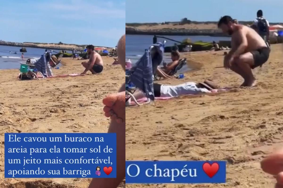 O marido cavou um buraco para a mulher encaixar a barriga de grávida e se sentir confortável