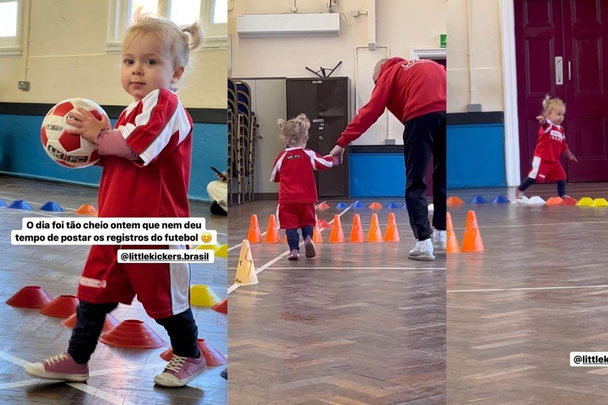 Morgana Secco mostra Alice aprendendo a jogar futebol