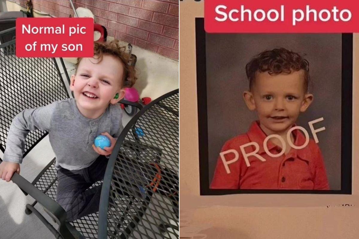 A esquerda uma foto normal do filho com os aparelhos auditivos, a direita a foto tirada na escola