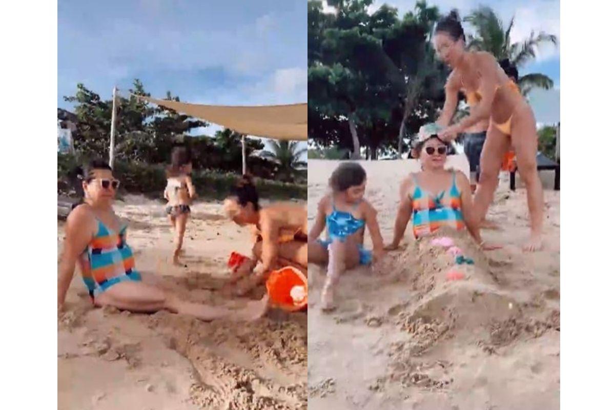 Sabrina Sato e a filha fizeram uma calda de sereia de areia na avó