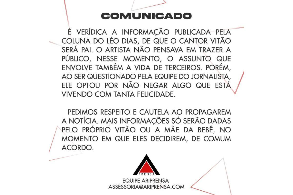 Comunicado da assessoria de imprensa de Vitão