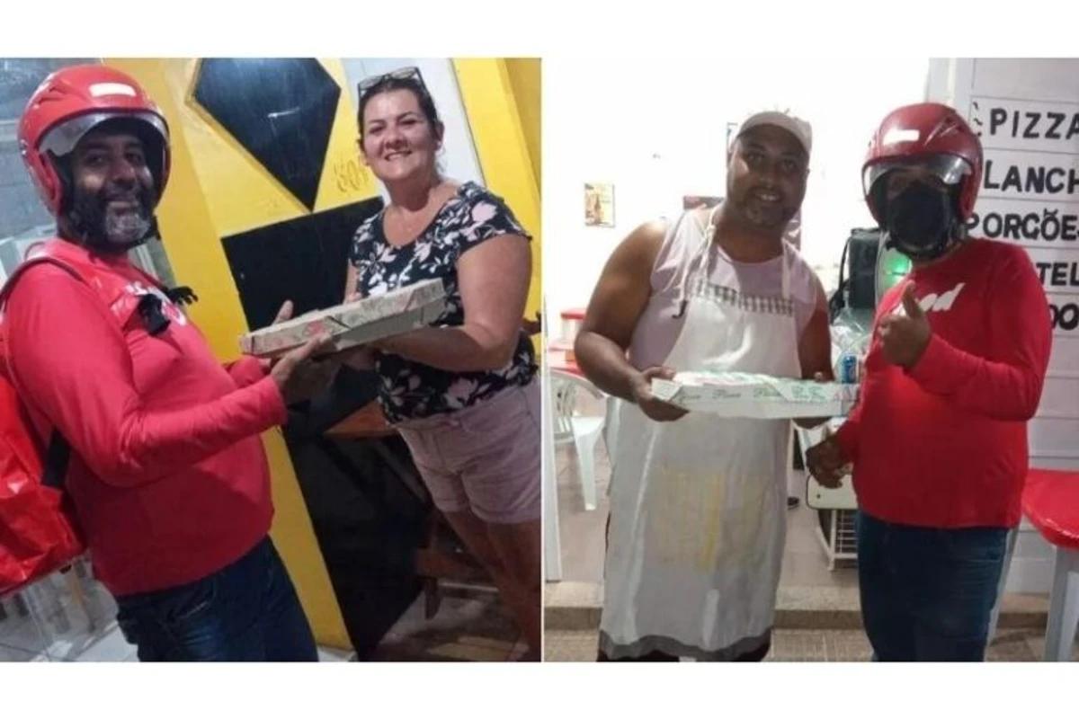 Entregador de pizza com família ao lado