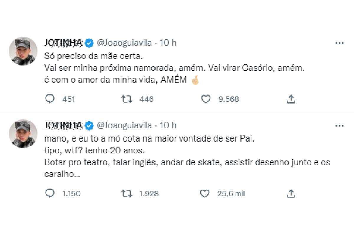 João Guilherme falou que tem o sonho de ser pai no Twitter
