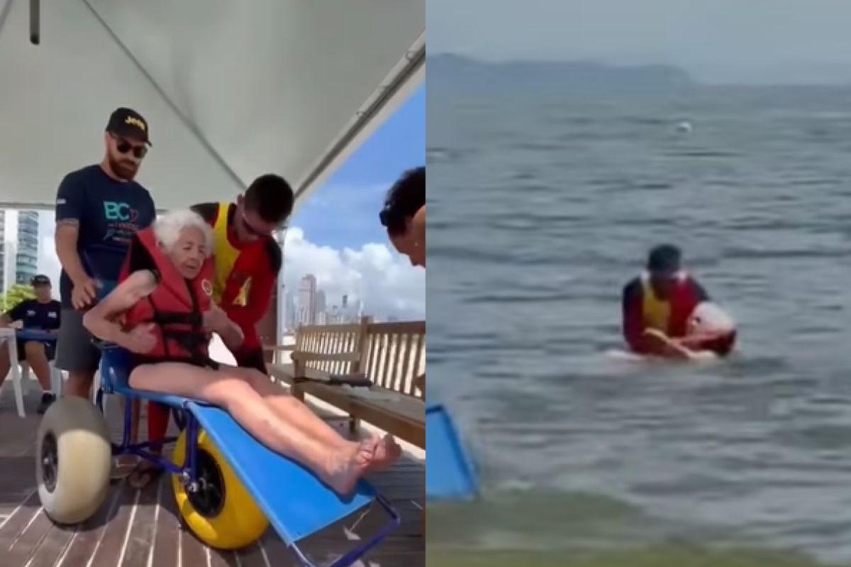 Idosa realiza sonho ao tomar banho de mar em Balneário Camboriú, SC