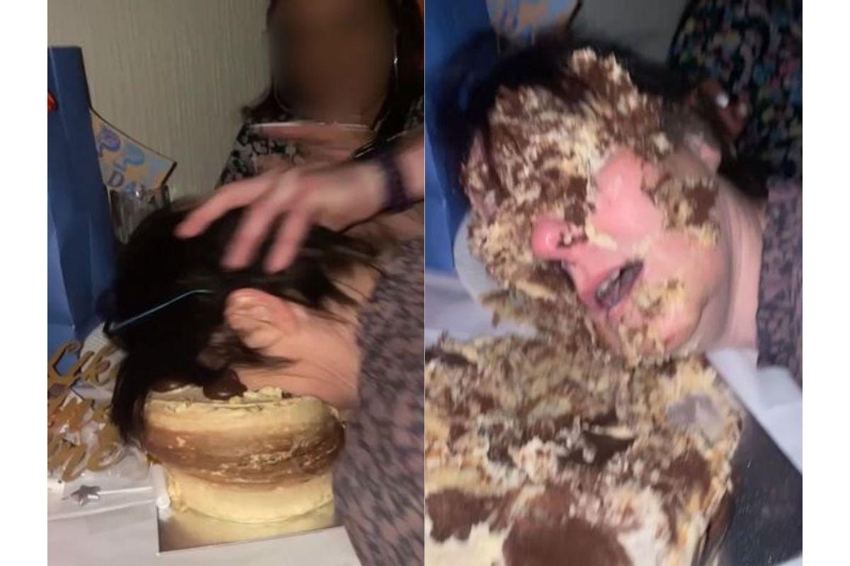 A mãe teve a cara enfiada no bolo de aniversário